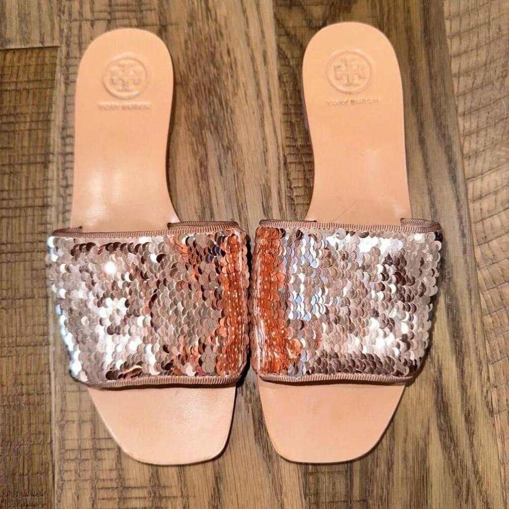 Tory Burch Women’s Rose Gold Blush Carter Sequin Open-Toe Slide Sandal Size 6.5